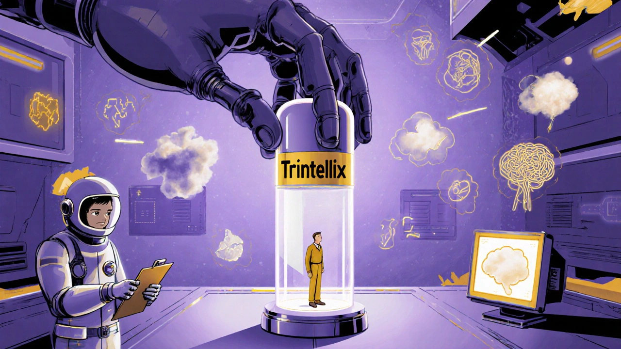 A tiny human being lowered into a glowing Trintellix capsule by a futuristic doctor.