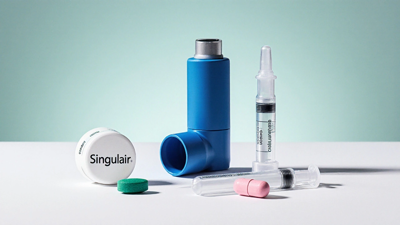 Assortment of asthma and allergy meds: tablet, inhaler, capsule, syringe.