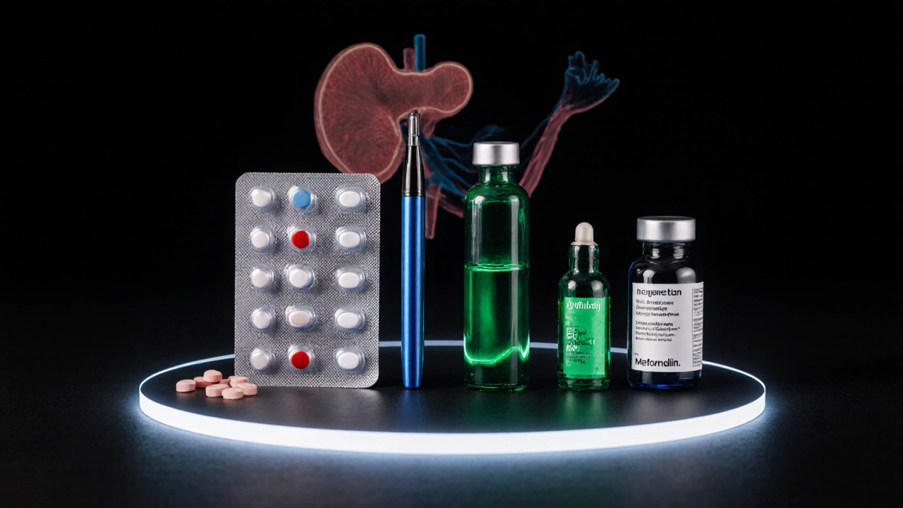 Assortment of diabetes pills and injectors on dark surface with organ silhouettes behind.
