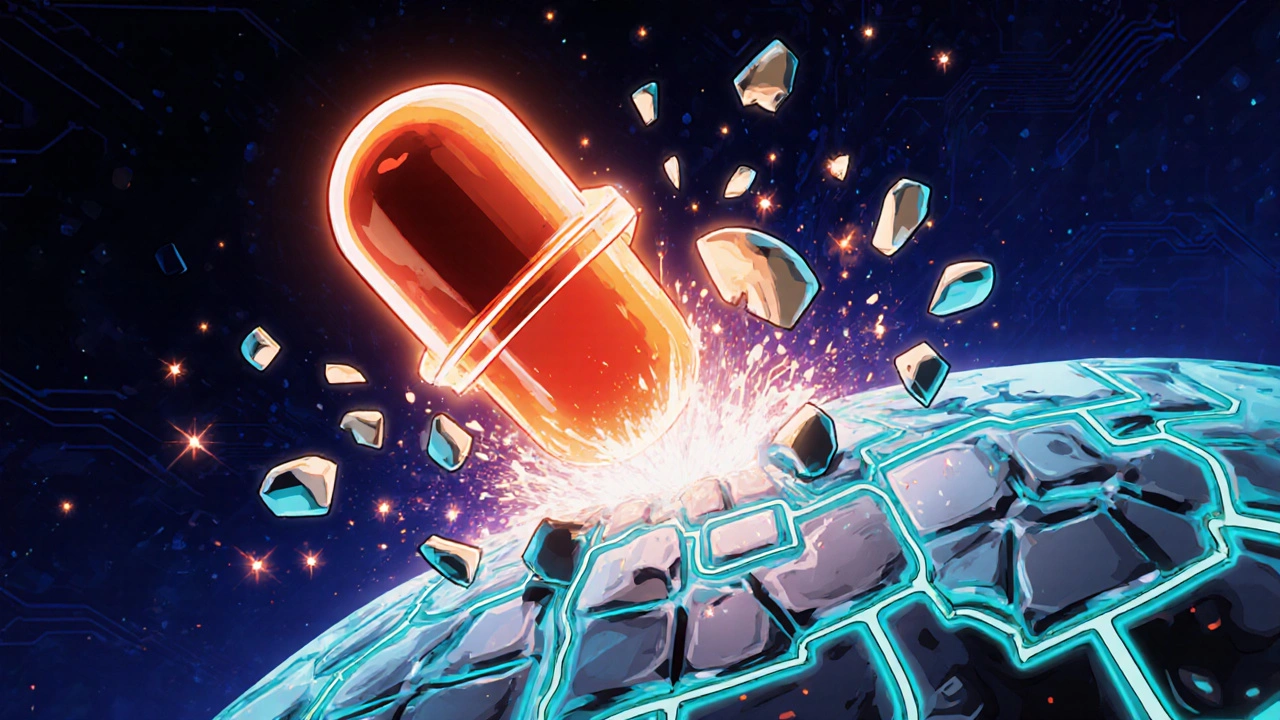 Cefaclor capsule smashing a glowing bacterial cell wall, with neon sparks flying outward.