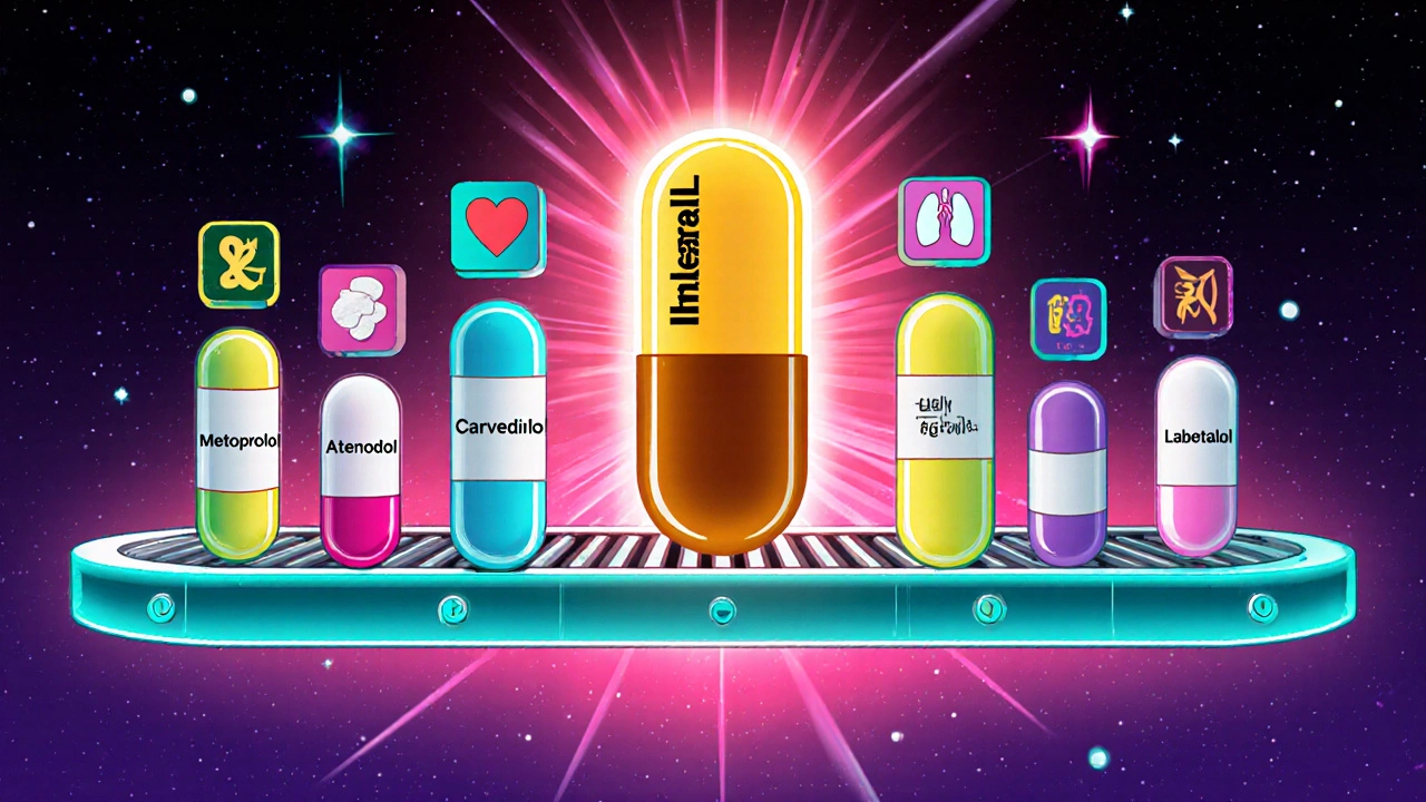 Color‑coded beta‑blocker pills on a floating belt with icons showing selectivity.