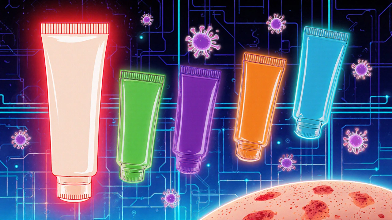 Comic‑style panel comparing five cream tubes with glowing halos and fungal icons.