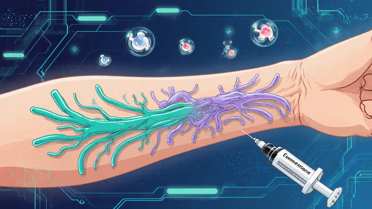Cutaway arm showing stiff lymph vessels and floating estrogen icons in futuristic style.