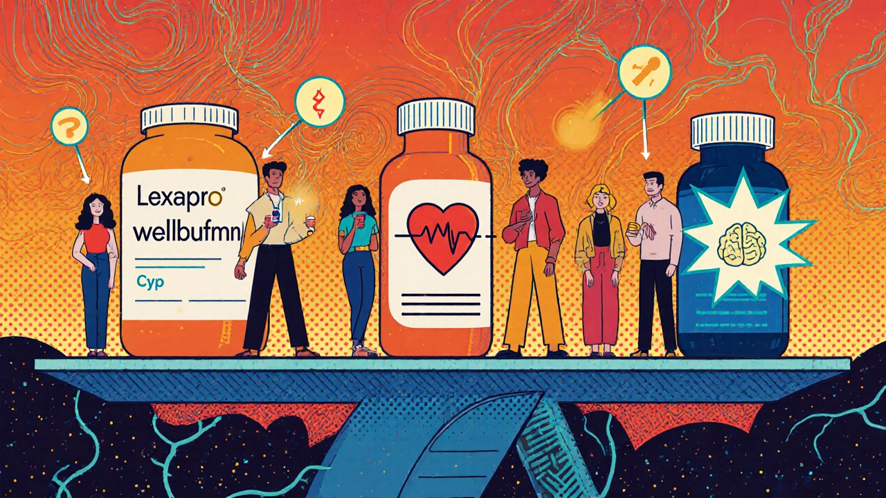Diverse individuals on a pill bridge, each holding different antidepressants with glowing body icons.