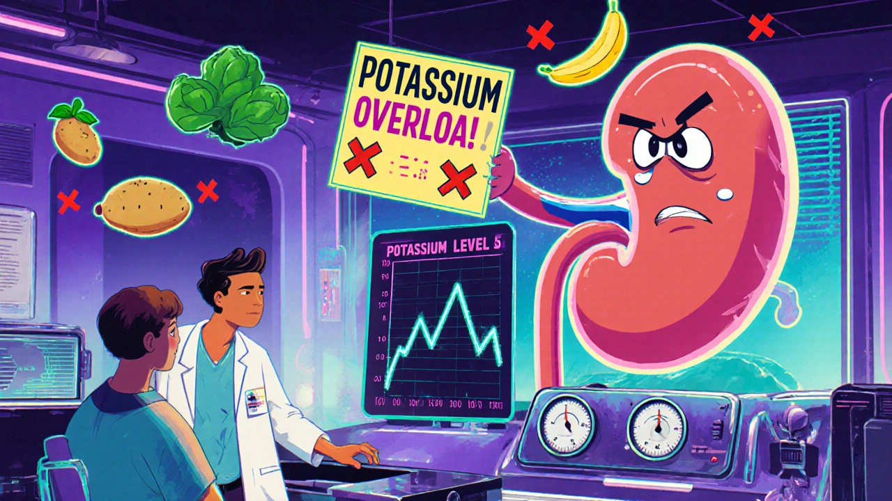 Doctor's office with holographic potassium reading spiking, cartoon kidney waving warning sign, floating food icons with Xs.