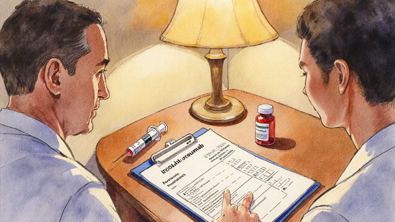 Doctor and patient discuss lab results beside an evolocumab syringe.