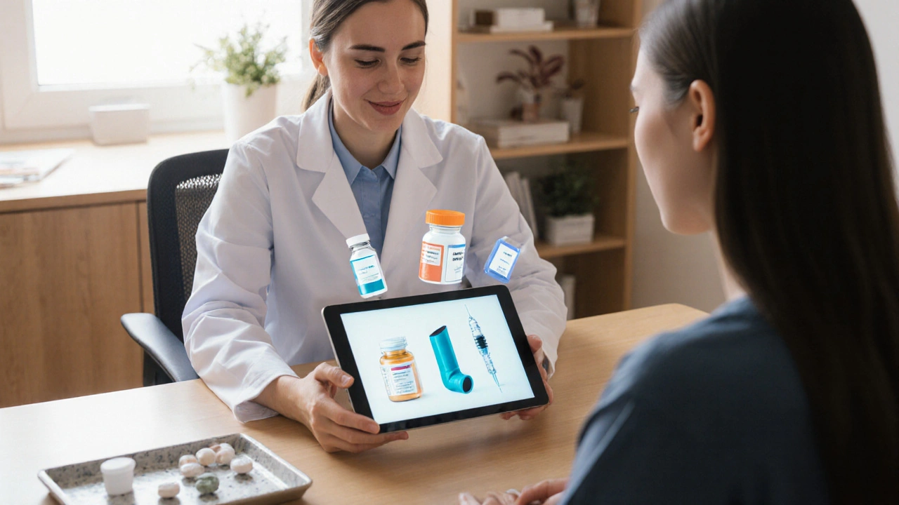 Doctor and patient discussing treatment options with medication models.