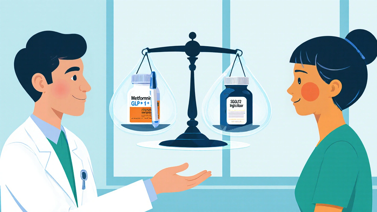 Doctor and patient looking at a holographic scale balancing Metformin versus combo drugs.