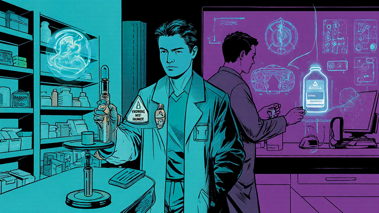 Doctor balancing ketorolac benefits and risks beside futuristic drug research.