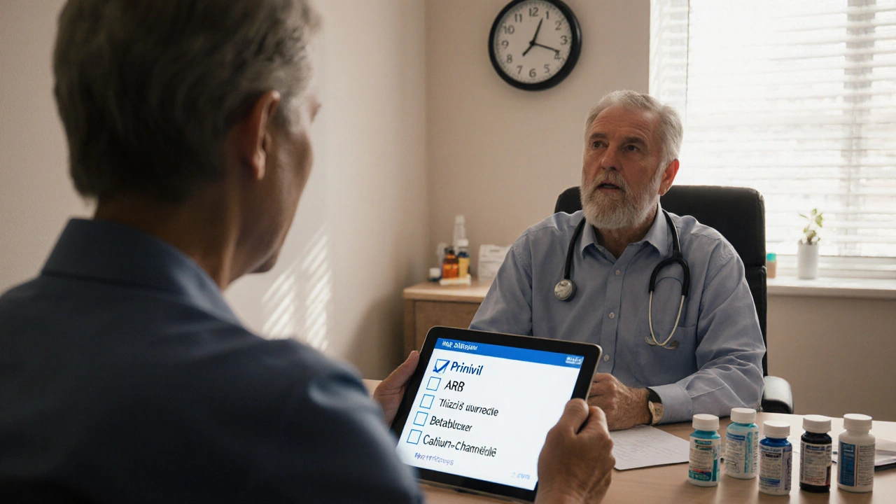 Doctor consulting patient with various blood pressure medication bottles on desk.