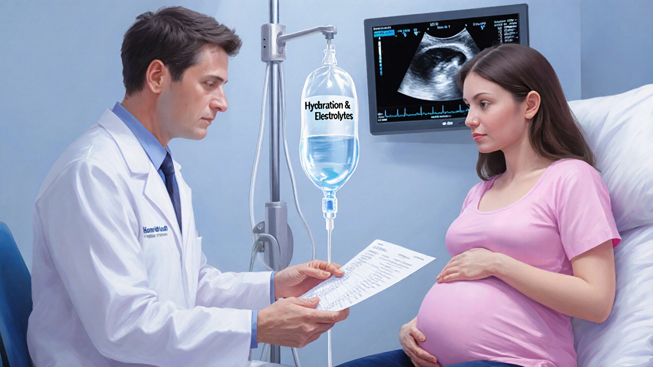 Doctor consulting pregnant woman with IV drip and ultrasound monitor showing fetal heartbeat.