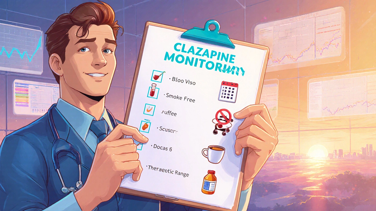 Doctor holds a checklist with icons for blood tests, dosage, smoking, and caffeine in a retro‑futuristic setting.