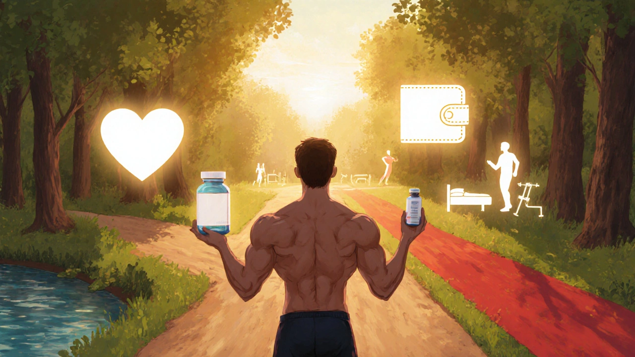 Fit adult at sunrise crossroads holding a bottle, with symbols for health, budget, and sleep.