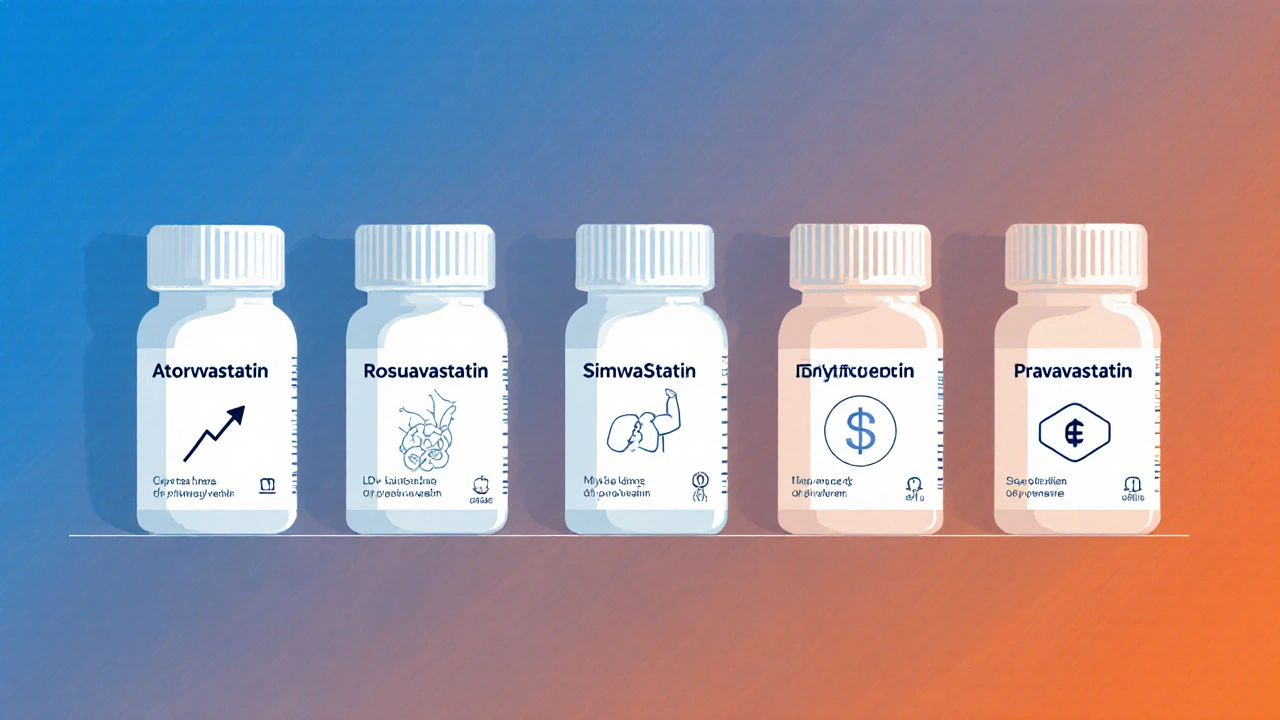 Five statin bottles with icons for potency, muscle risk, and cost.