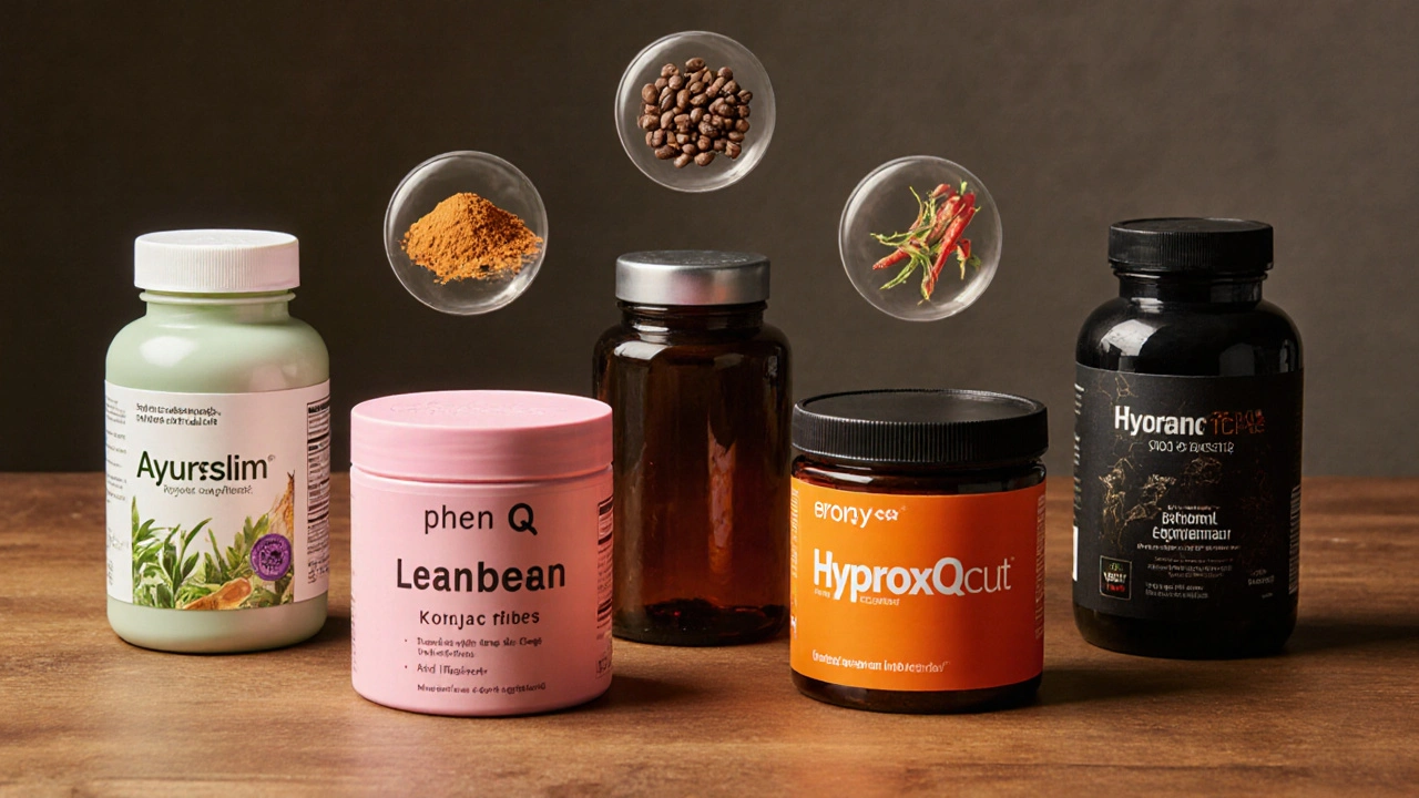 Five supplement containers on a wooden table with floating ingredient icons around each.