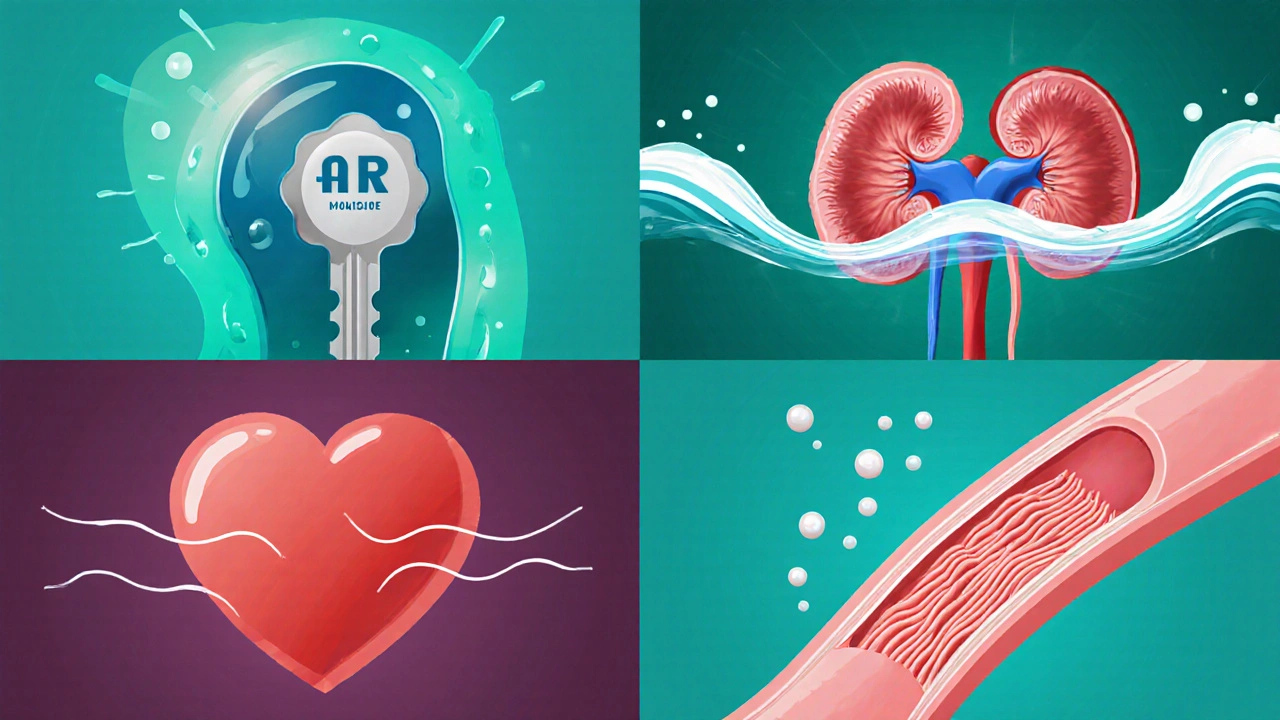 Four quadrant illustration showing mechanisms of ARB, thiazide, beta‑blocker, CCB.