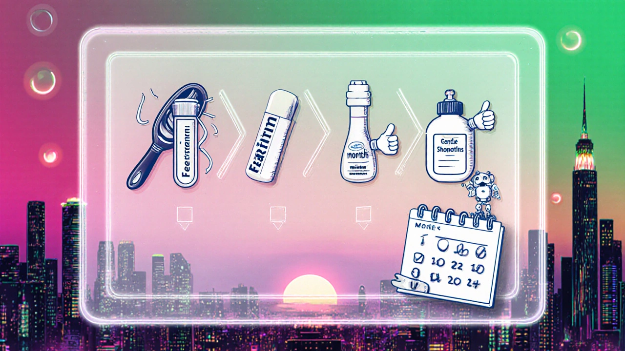 Futuristic checklist with icons for brush, blood test, shampoo, pills, and calendar.