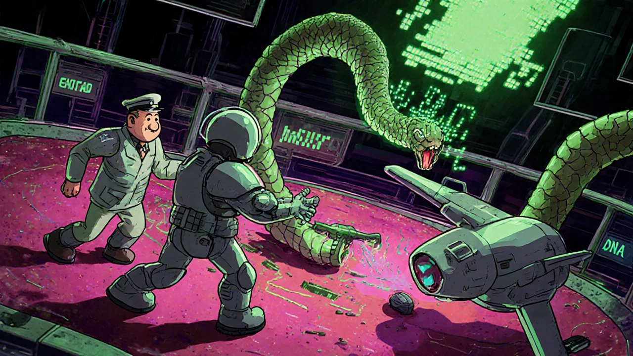 Futuristic liver cell battle where drug molecule characters fight HBV DNA, highlighting resistance differences.