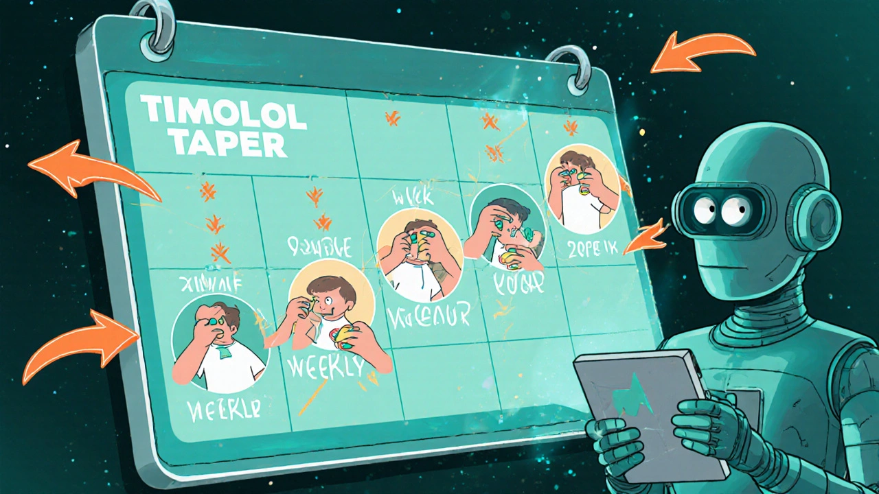 Holographic calendar showing Timolol taper schedule with a robot ophthalmologist monitoring.