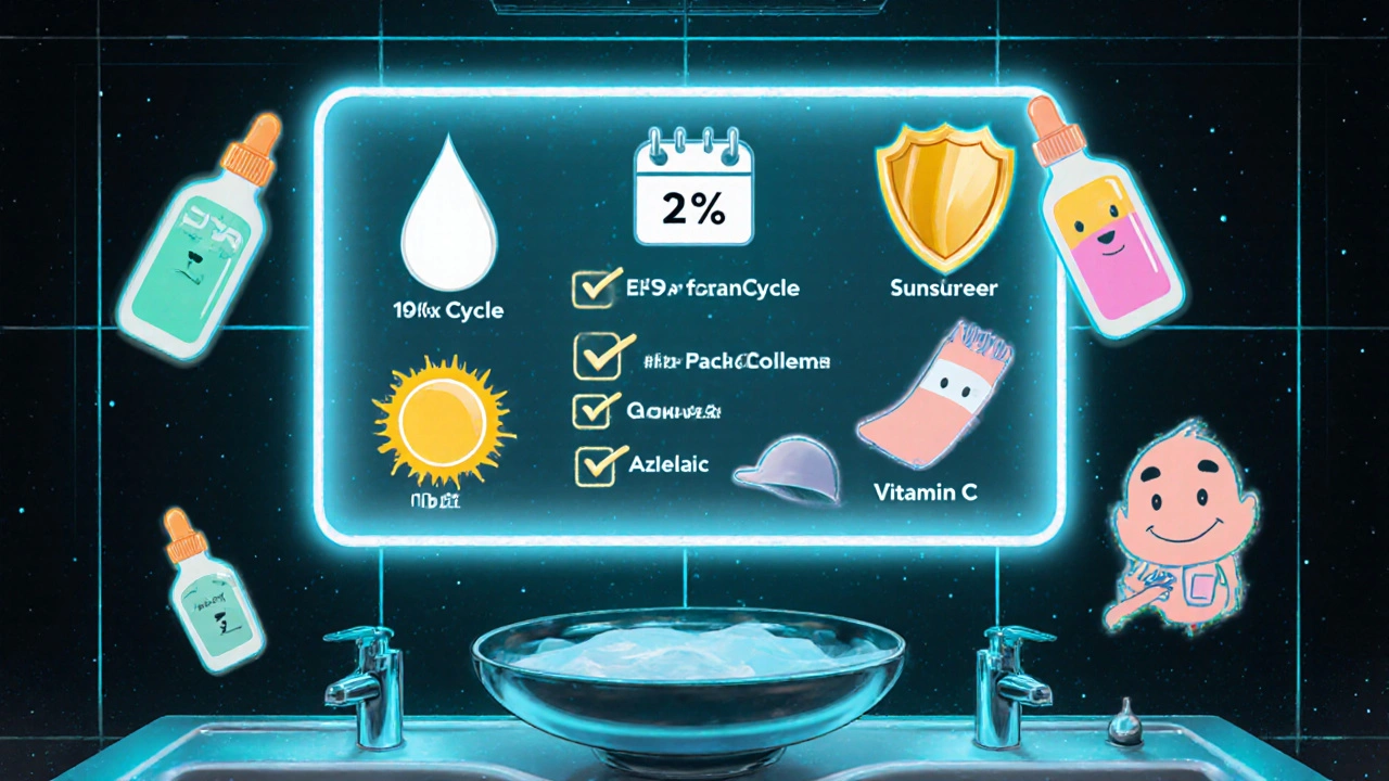 Holographic checklist of hydroquinone tips with alternative ingredient bottles in a neon bathroom.