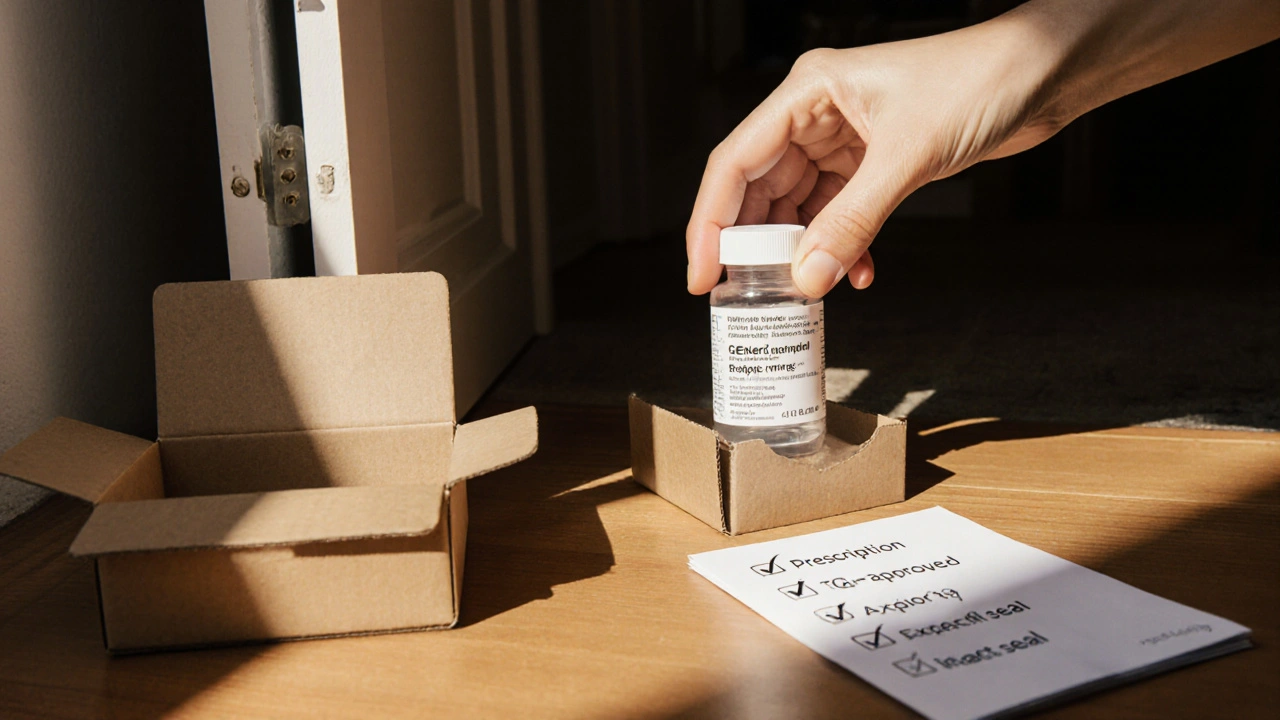 Home delivery scene with an opened box revealing a generic Lisinopril bottle being inspected.