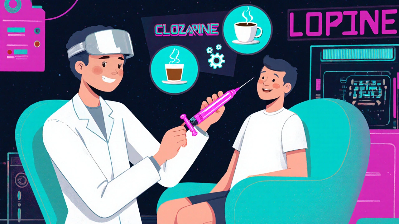 Lab tech draws a trough blood sample while icons for smoking, caffeine, and enzymes float nearby.