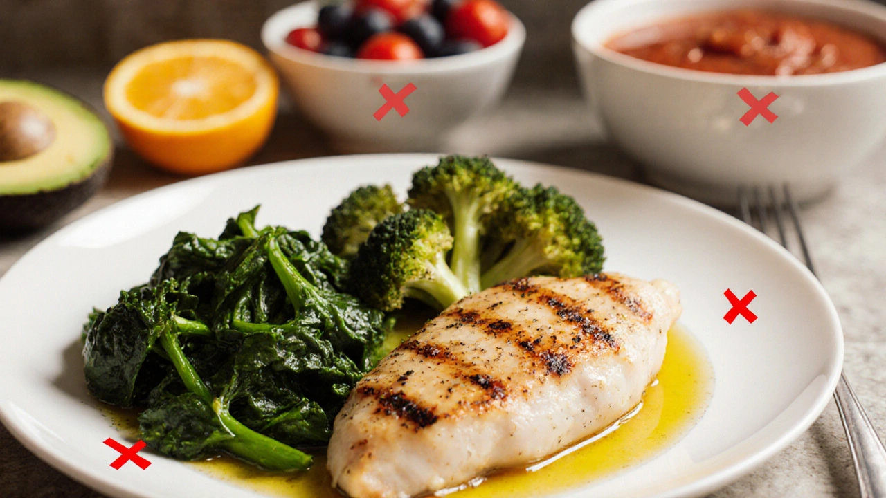 Paleo plate with spinach, chicken, broccoli and berries; citrus and tomato foods marked with red X.