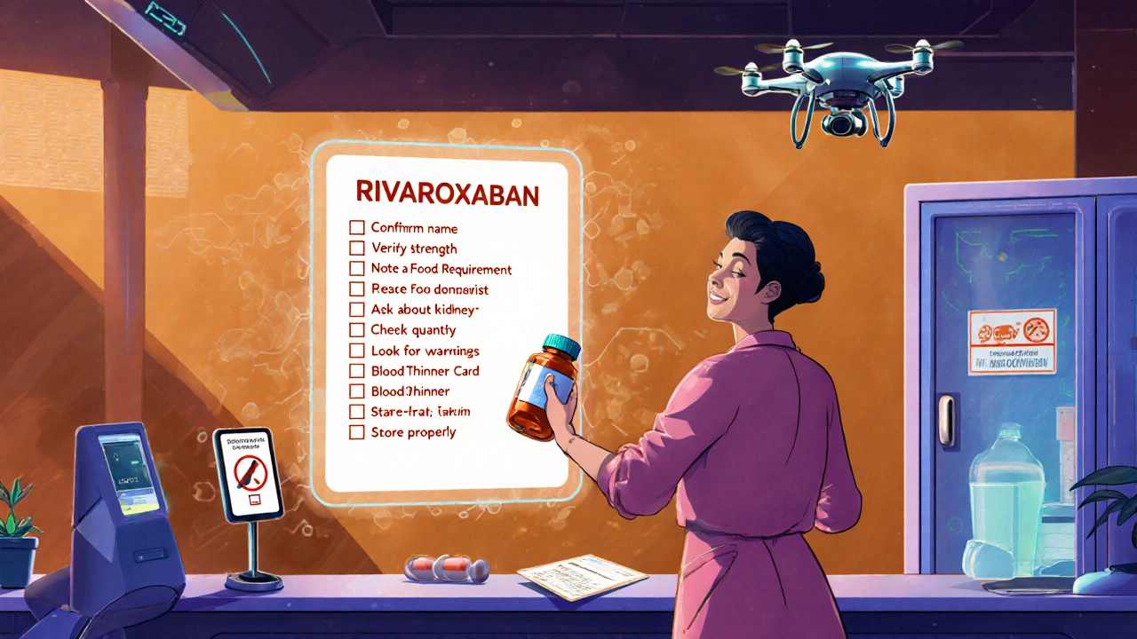 Patient checks a floating digital checklist against a Rivaroxaban bottle at a futuristic pharmacy checkout.