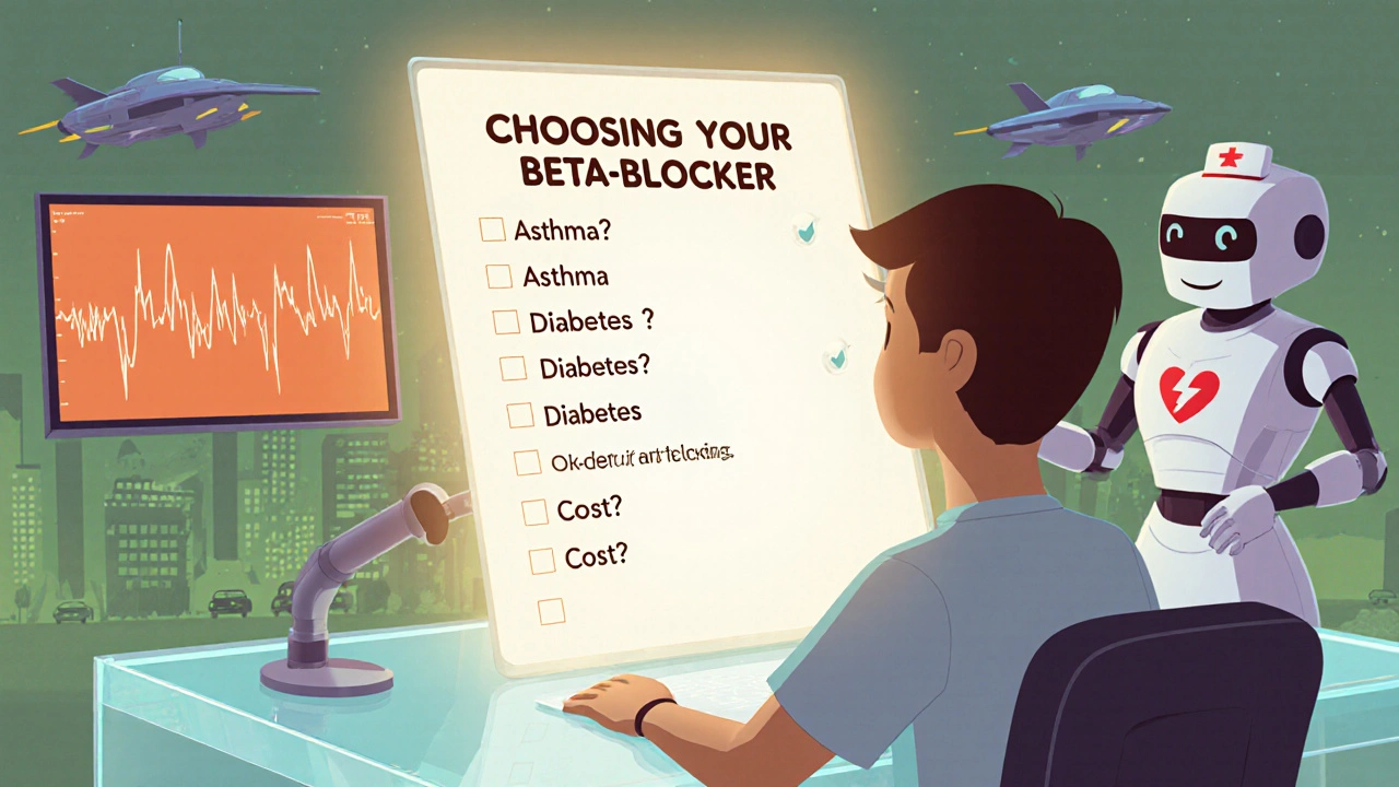 Patient reviewing a holographic beta‑blocker checklist with robot nurse assistance.