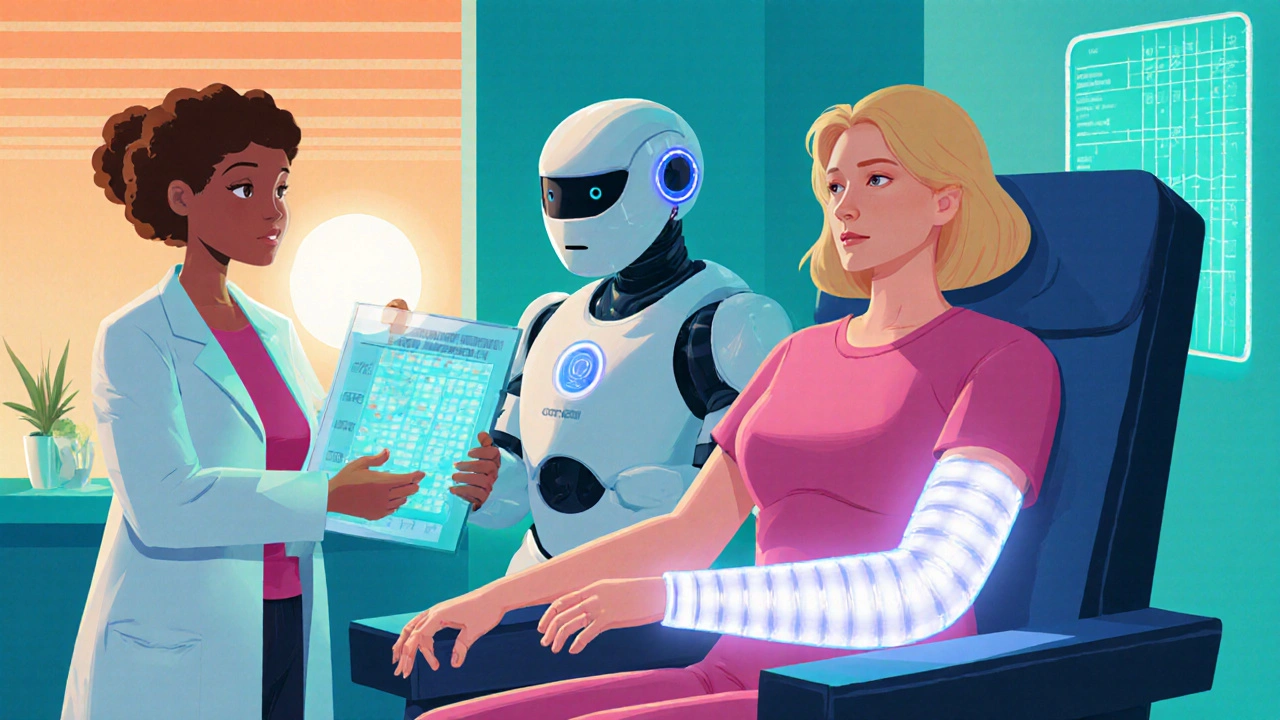 Patient wearing glowing compression sleeve receiving therapy from a robot and doctor.