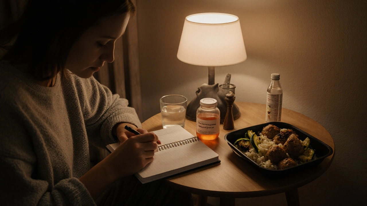 Person journaling symptoms beside a tea, medication bottle and a Paleo meal prep container.