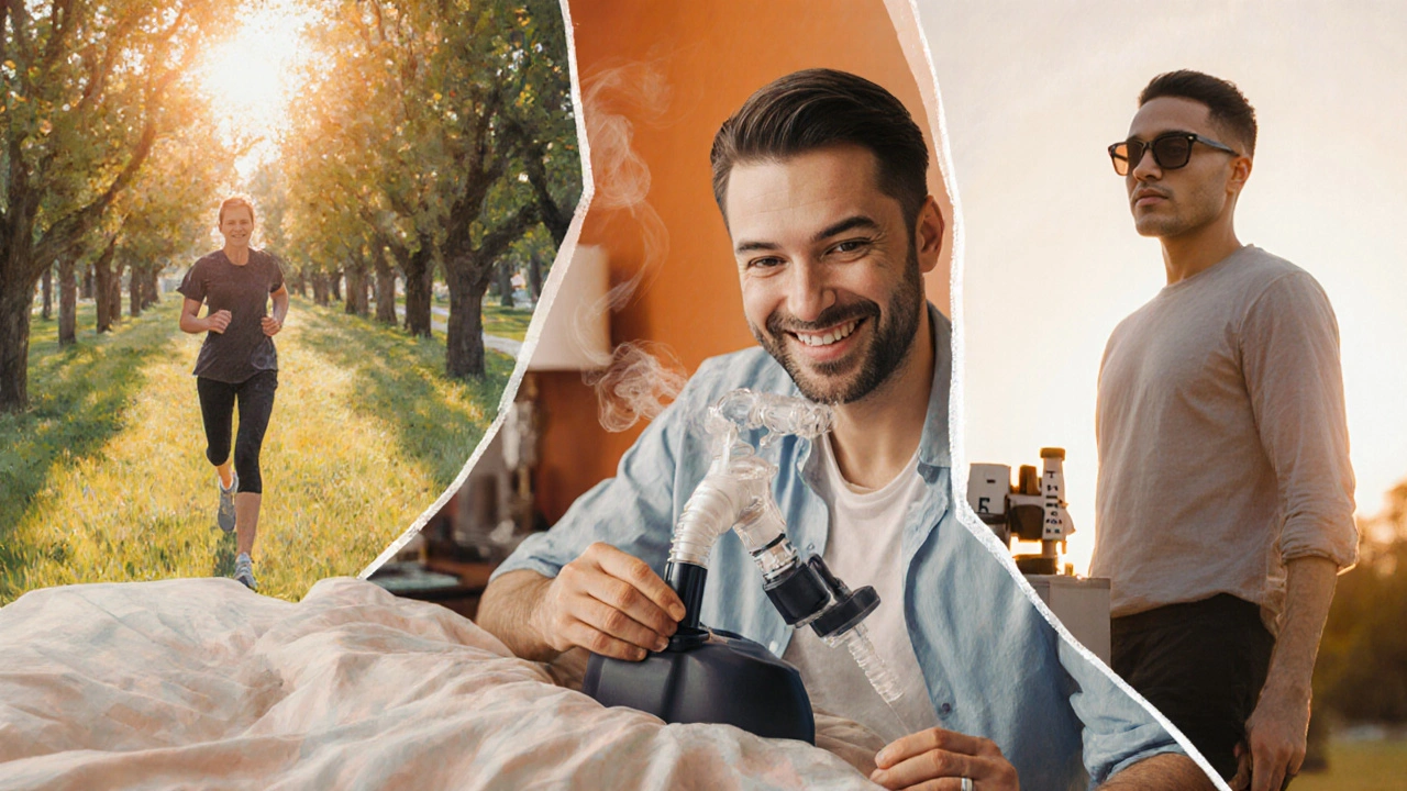 Person using CPAP, exercising, and wearing sunglasses in a sunny, hopeful setting.