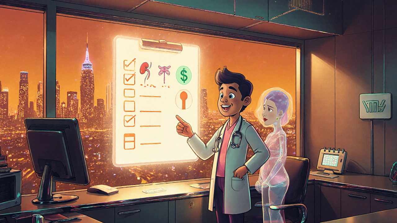 Retro-futuristic doctor's office showing a glowing checklist of factors for choosing antiviral therapy.