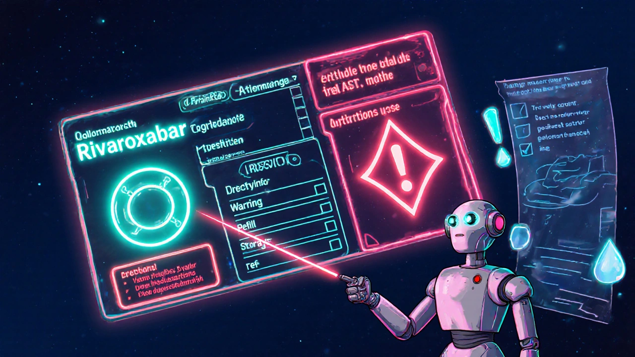 Retro‑futuristic holographic panels break down a Rivaroxaban label while a robot pharmacist points at them.
