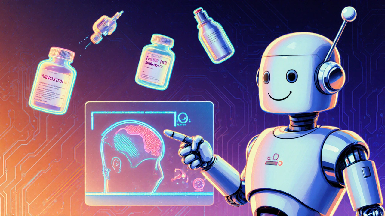 Retro‑futuristic lab with floating minoxidil, finasteride, PRP, and laser devices.