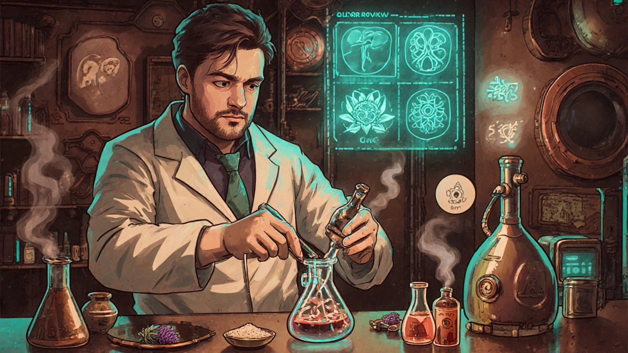 Scientist mixing custom liver tonic in a 2075 apothecary lab with holographic data