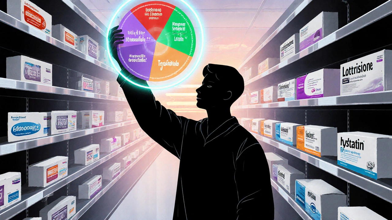 Shopper selects among illuminated cream tubes in a retro‑futuristic pharmacy aisle.