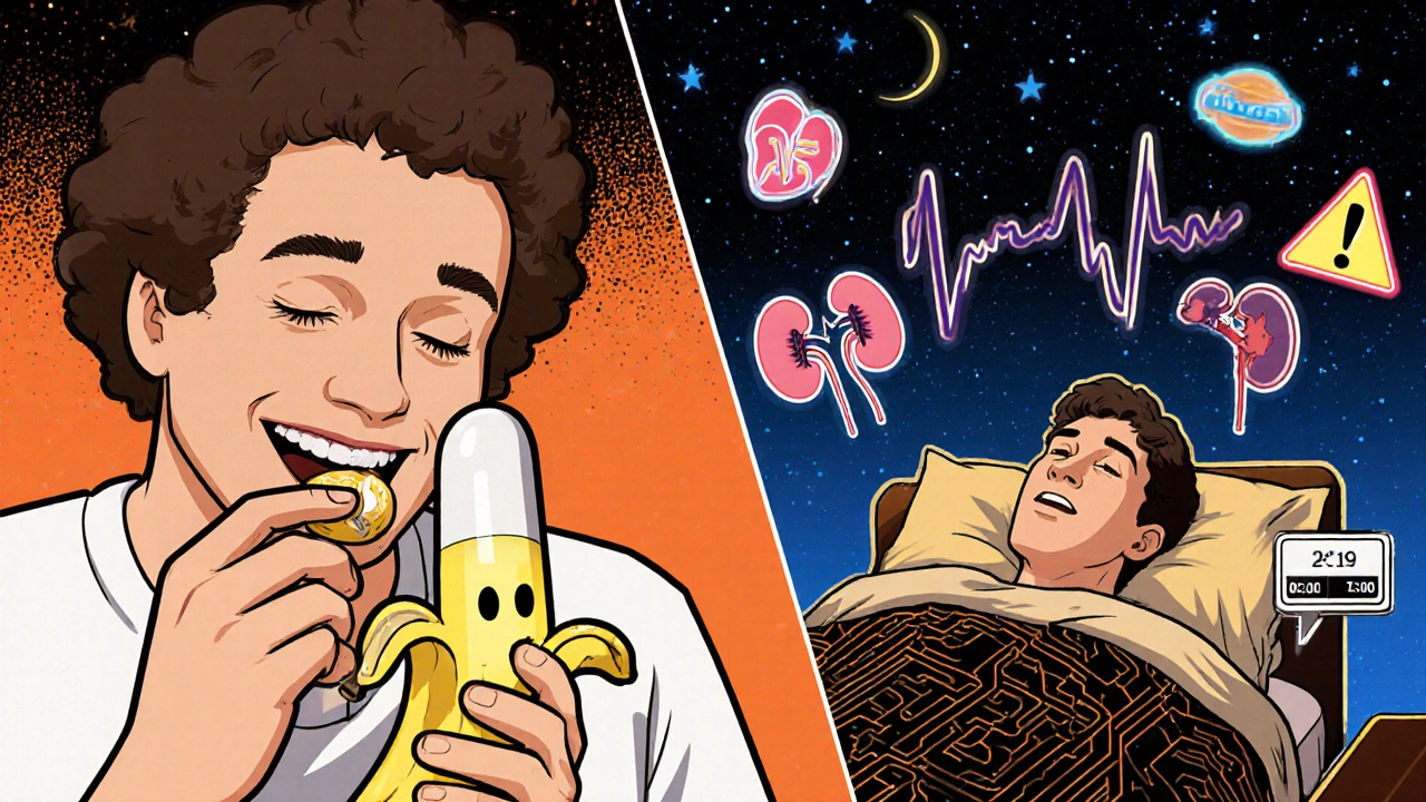 Split scene: patient eating banana vs. heart monitor spiking, medical symbols and countdown timer in retro-futuristic art style.
