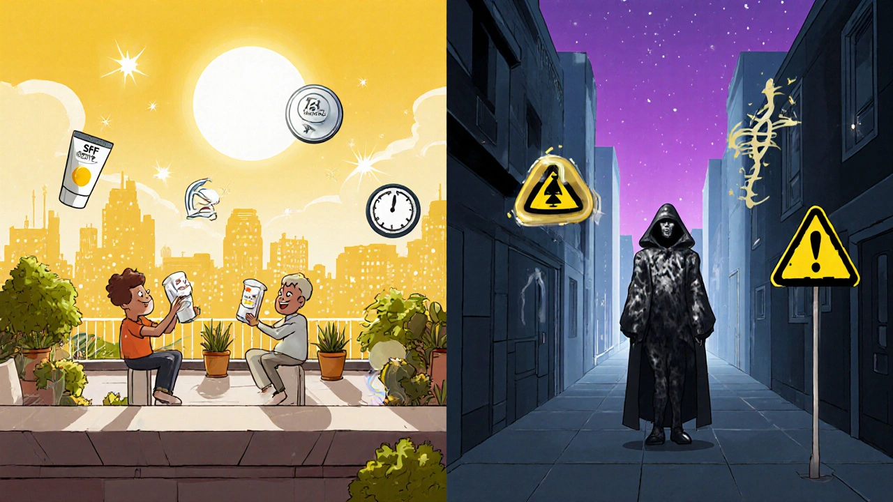 Split scene shows safe short‑term use in bright garden vs. dark risk of ochronosis in a futuristic alley.