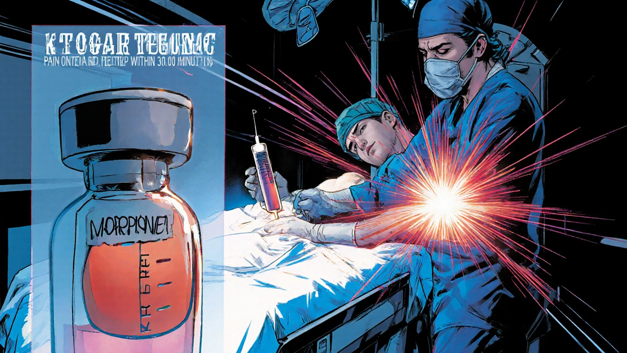 Surgeon giving IV ketorolac to postoperative patient with dynamic speed lines.