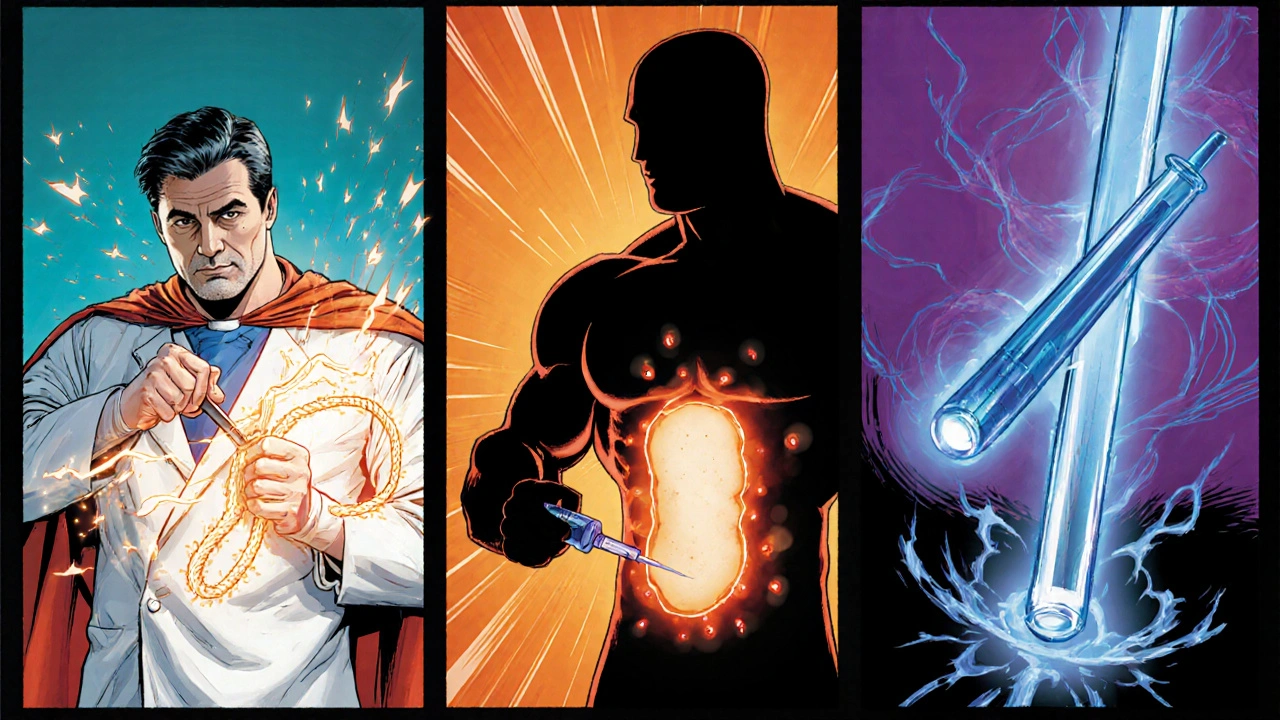 Three comic panels illustrate ligament release, fat graft, and silicone implant techniques in superhero-like surgery scenes.