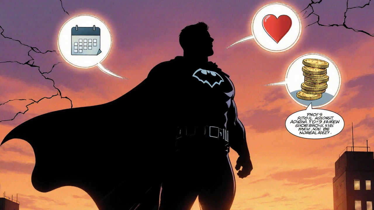 Transformed man stands confidently on rooftop at sunset, surrounded by symbolic icons of recovery, health, and cost.