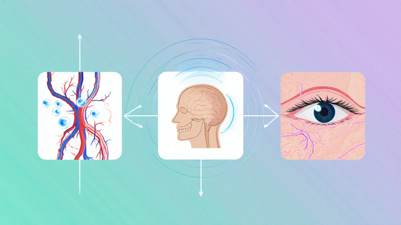 Triangular illustration of oxygen drops, intracranial pressure wave, and retinal blood flow.