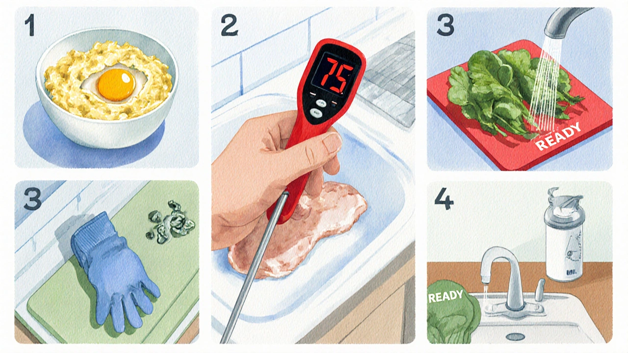 Watercolor guide showing thermometer on chicken, scrambled eggs, rinsed greens, and separate cutting boards.
