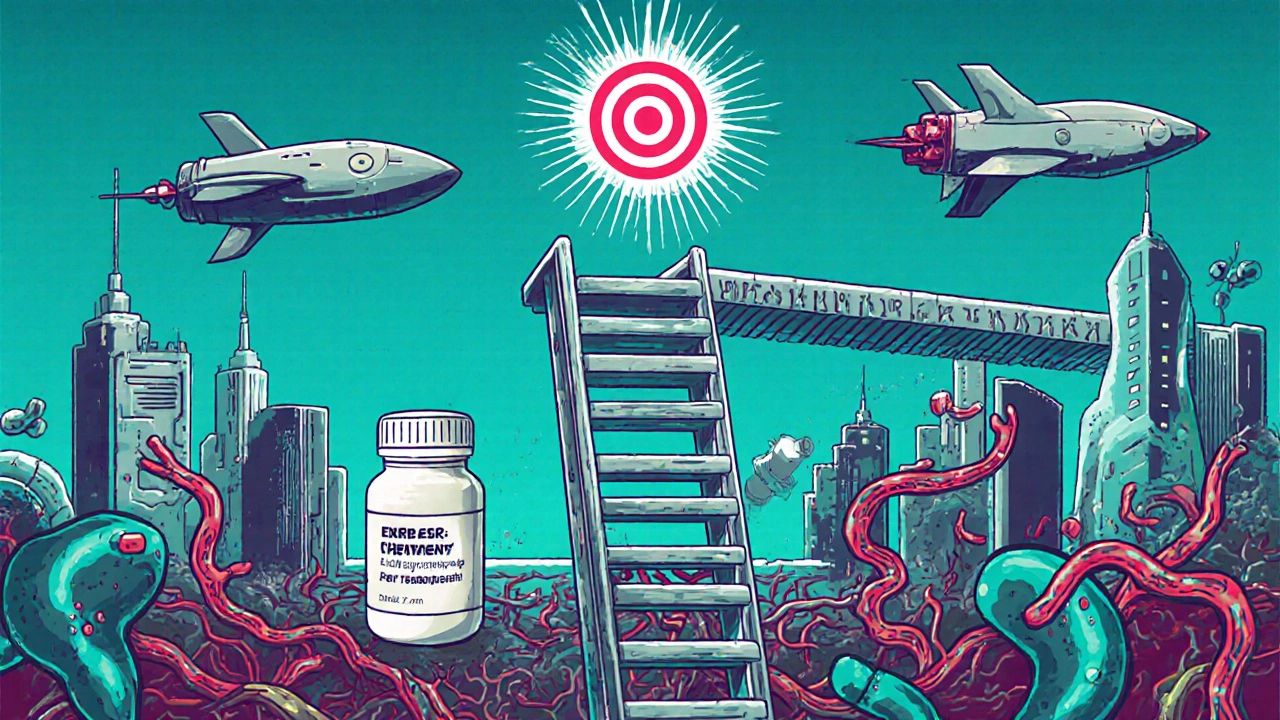 A cyberpunk treatment ladder with pills, bridges, and rocket ships leading to a remission summit marked by a 2.6 target.