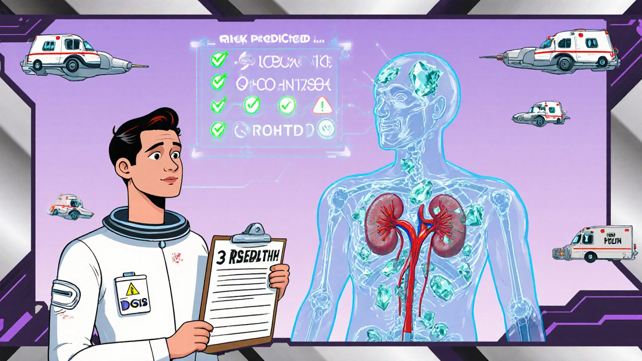 A doctor and patient with a transparent kidney showing crystal damage, surrounded by AI alerts.