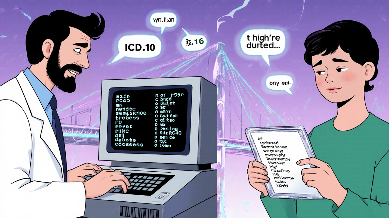 A doctor types complex codes on an old computer while a patient sees simple translations on a tablet.