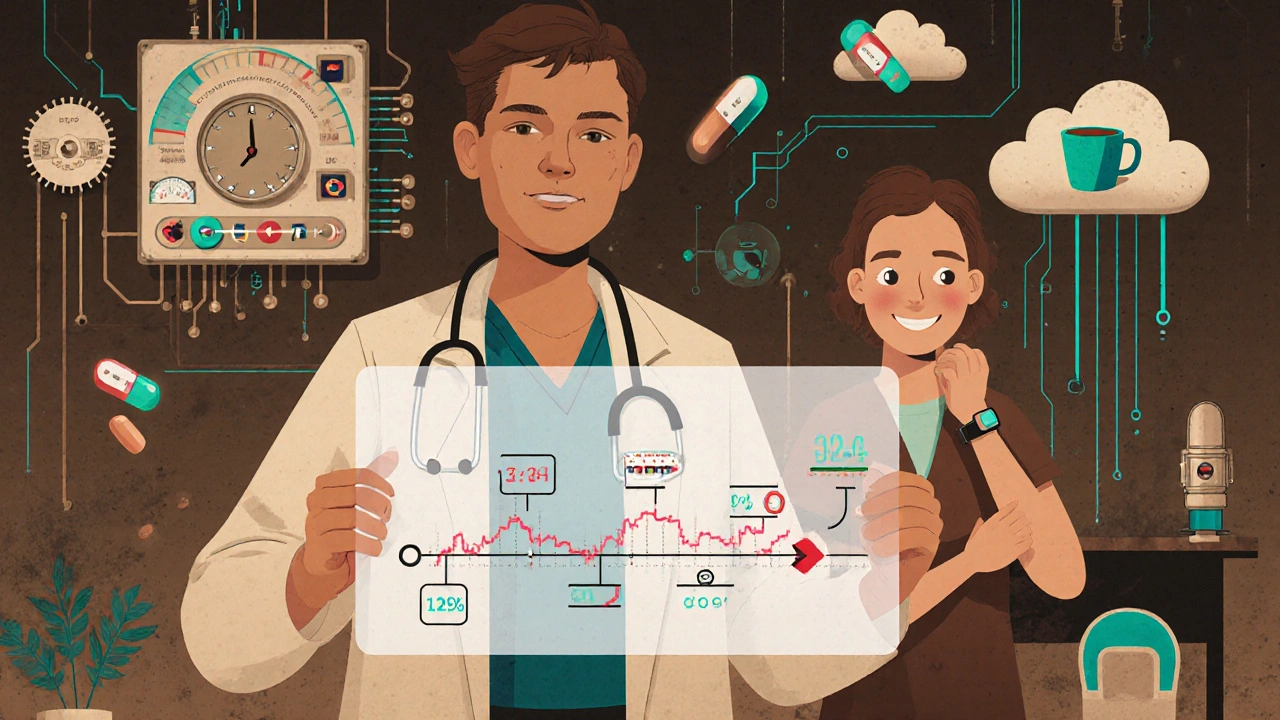 A doctor views holographic wearable health data projected from a BioSticker, with AI interface and medication icons dissolving into patterns.