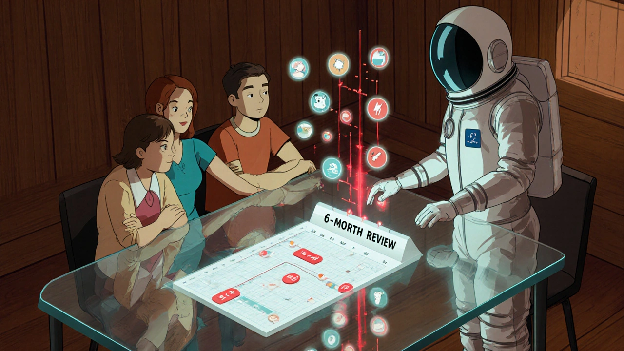 A family gathered around a holographic medication timeline with warning signals and a doctor gesturing toward a 6-month review calendar.