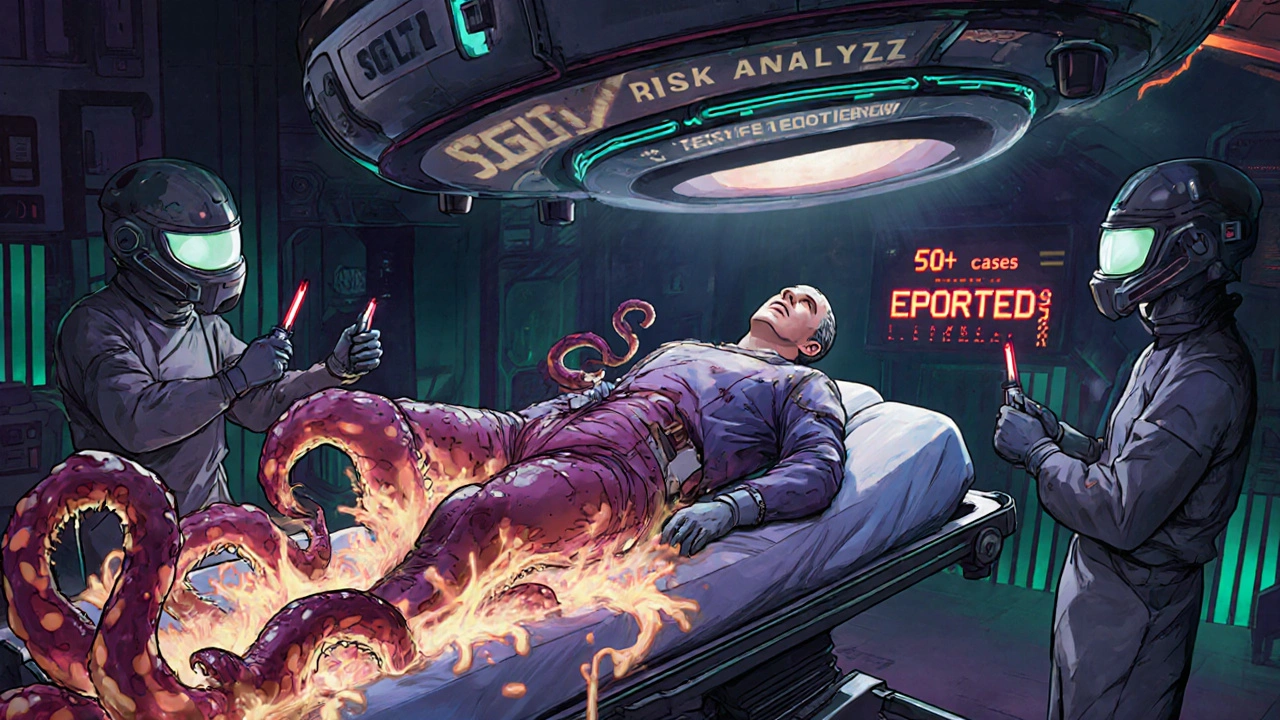 A man being treated for a bio-mechanical infection by futuristic doctors with laser tools and warning signs.